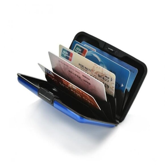Blue - Metal Wallet Credit Card Holder, Women Men‎ Aluminum RFID, Hard Case - Picture 2 of 10